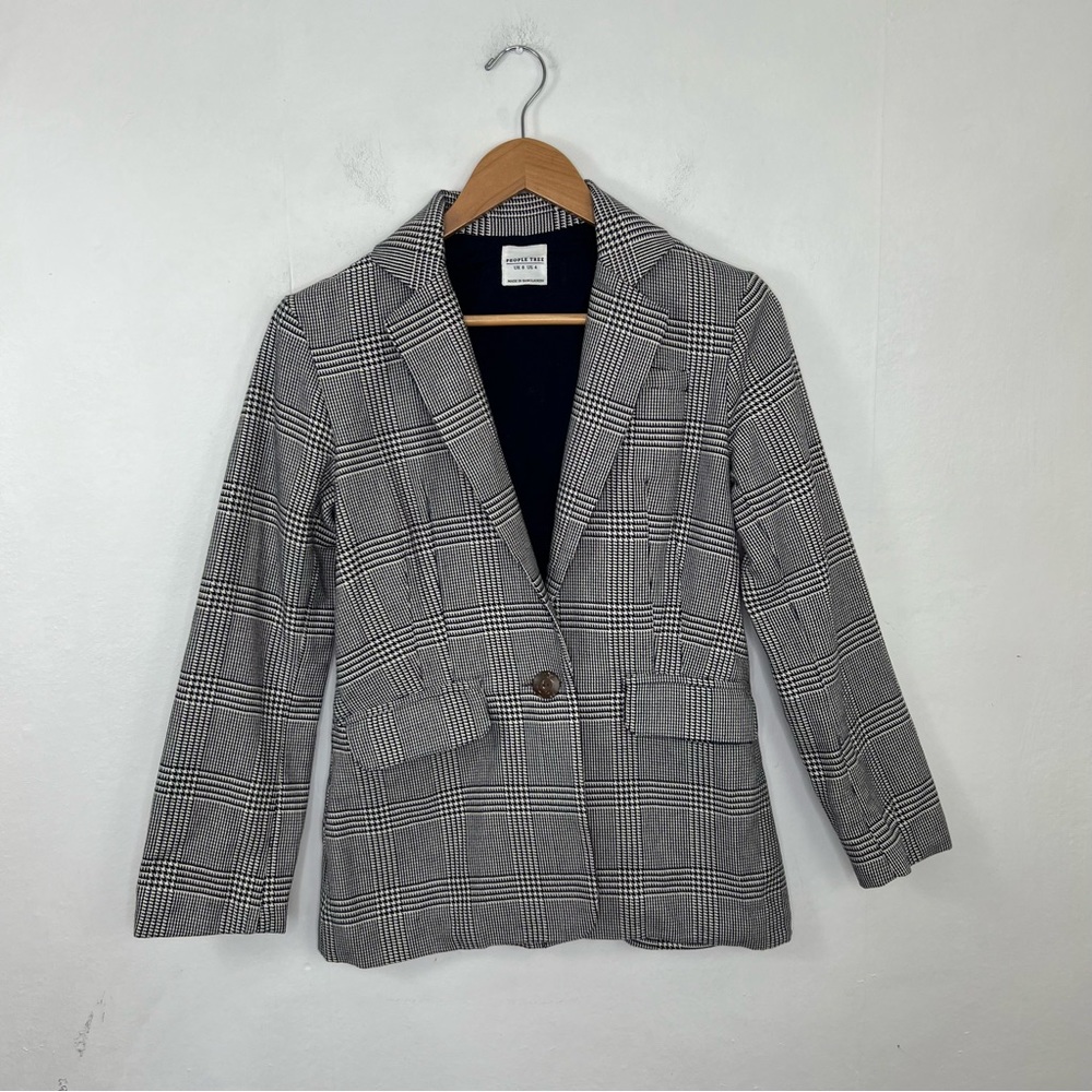 People Tree Mirren Gray Checkered Organic Cotton Hand Woven Jacket Blazer Size 4
